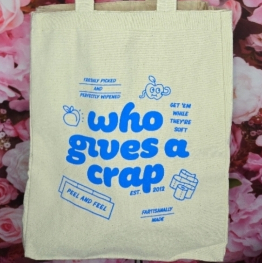 Who Gives a Crap Eco-Friendly Cream Tote Bag with blue graphics NEW